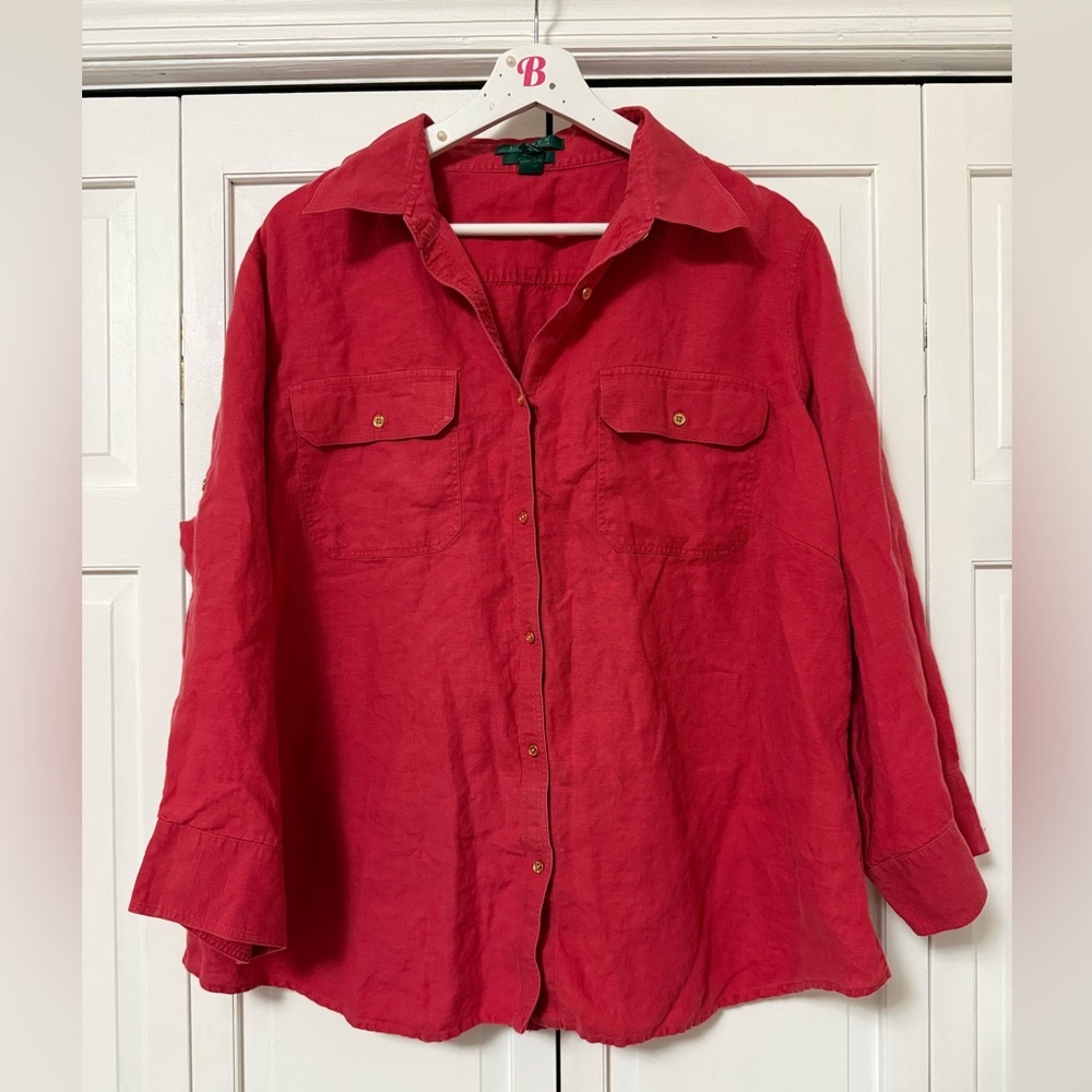 Lauren Ralph Lauren Red 100% Linen Button Up Shirt Long roll-tab sleeve Relaxed